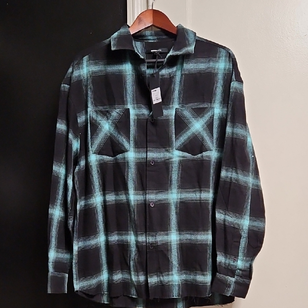 Fashion Nova Black and Teal Plaid Shirt